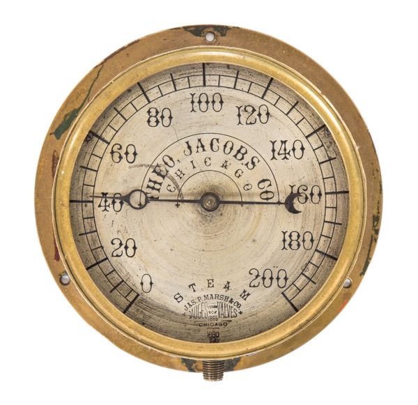 original oversized cast brass encased steam pressure gauge salvaged from holabird and roche's pontiac building abandoned basement heating plant dating to 1890 