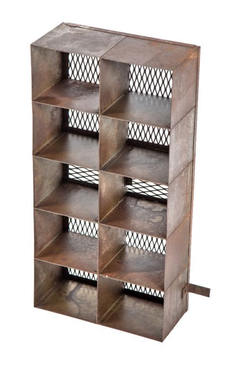 custom-built c. 1940's american machine shop wall-mount compartmentalized perforated and sheet metal storage cabinet
