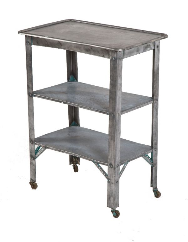 refinished vintage american medical three-tier brushed pressed and folded steel mobile work stand or table