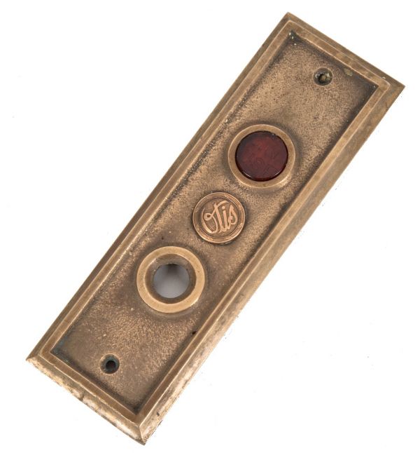 early 20th century fanciful cast brass salvaged chicago interior elevator lobby push button backplate with "in use" glass rondel