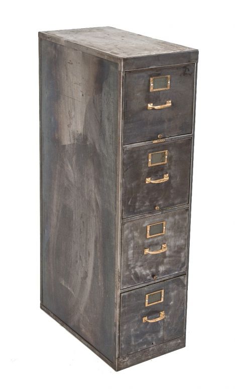 vintage american industrial salvaged chicago brushed steel multi-drawer freestanding filing cabinet with cast brass handles and placard holders