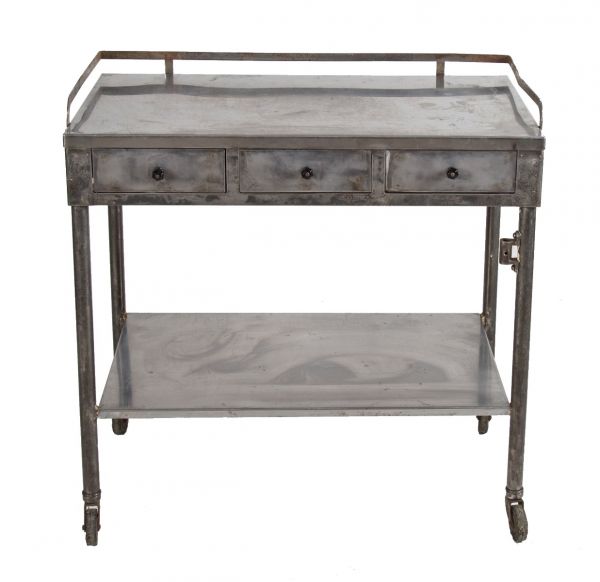 original antique american medical mobile hospital operating room side table or work station with multiple-out drawer
