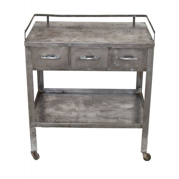 original early 20th century antique american medical mobile brushed metal hospital examination room workstation or side table with three drawers 