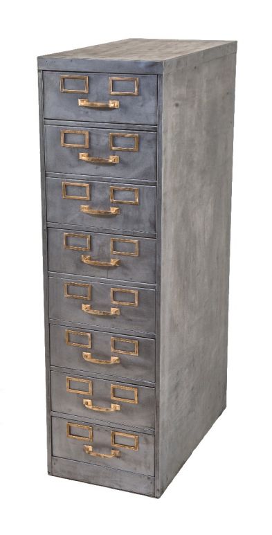 heavily reinforced vintage american industrial salvaged chicago multi-drawer filing cabinet with cast brass handles  