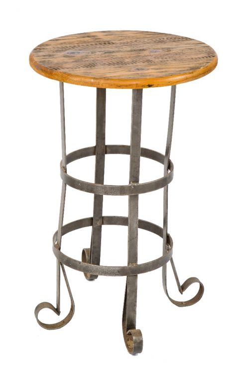 refinished vintage american industrial brushed metal four-legged work stand or side table with cedar wood top   