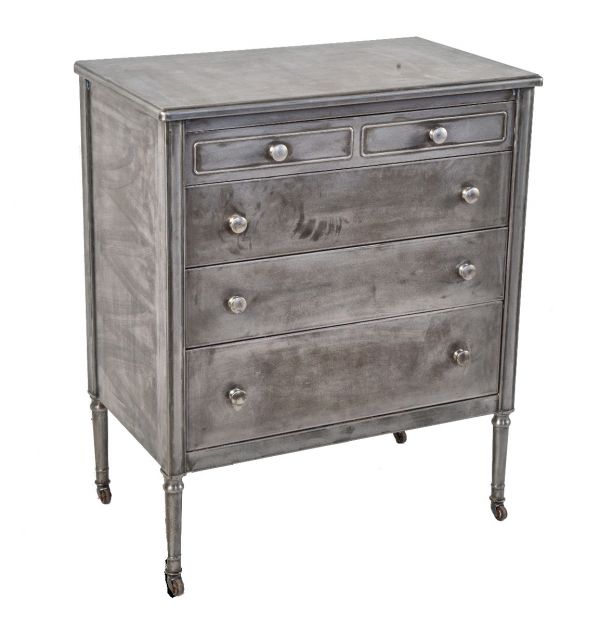 one of two matching original salvaged chicago brushed steel multi-drawer simmons dresser with tapered legs 