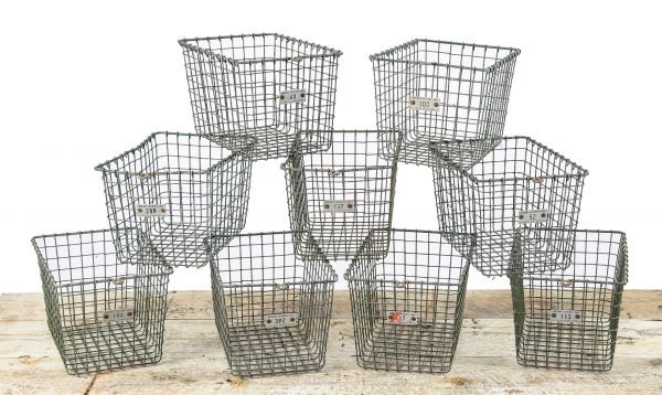group of matching depression-era salvaged chicago athletic association building swimming pool locker room "medart" wire baskets