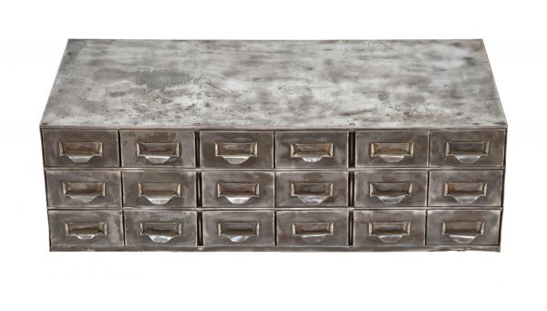 original c. 1940's vintage american industrial salvaged chicago brushed metal "equipto" multi-drawer storage cabinet