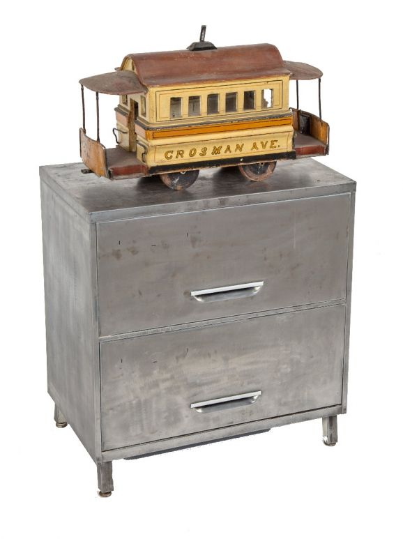 vintage industrial brushed metal low-lying two-drawer "steelmaster" side table or console supported by four-legged base