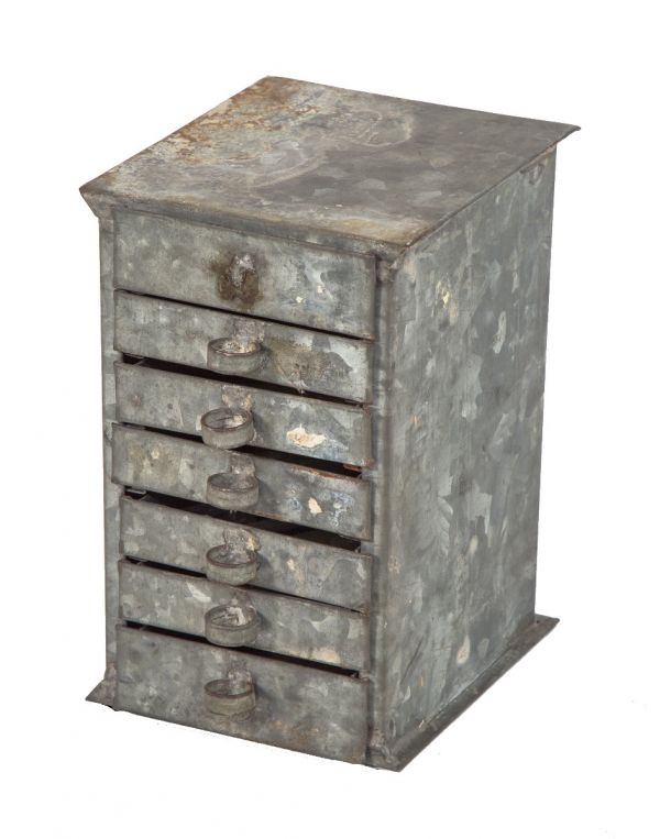 early 20th century diminutive galvanized steel salvaged chicago factory machine shop bench top multi-drawer cabinet 
