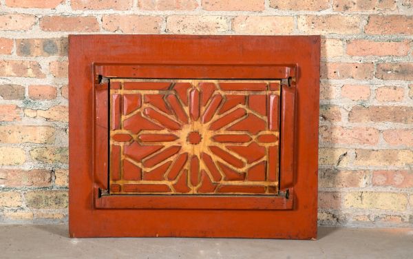 c. 1987 painted red solid wood "follow" board used to fabricate interior rookery building cast iron staircase replacement balusters