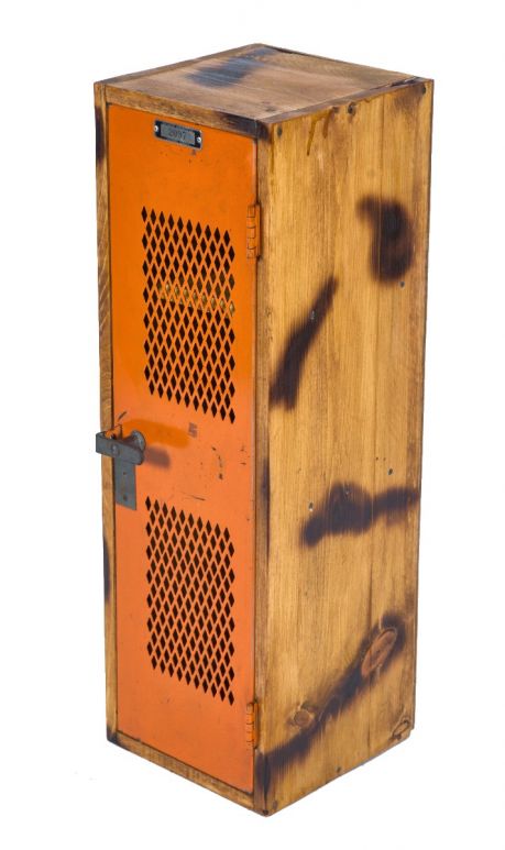 unique custom-built vintage american industrial repurposed locker with pine wood cabinet and interior shelves