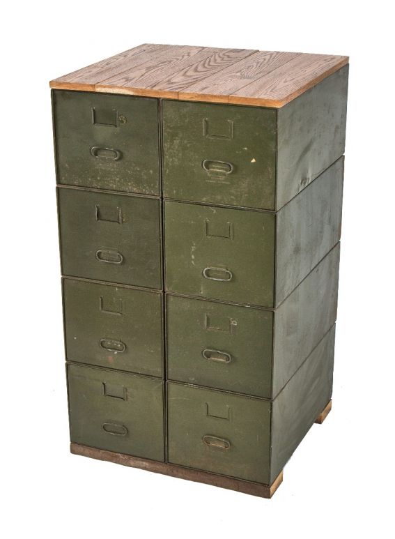 early 20th century wilson-jones antique american industrial oversized green enameled multi-unit filing drawer cabinets