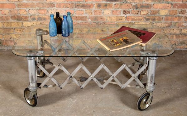 repurposed adjustable or expandable scissor type "royal bond" casket stand or cart with custom-made plate glass tabletop 