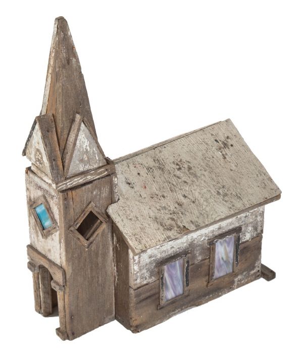 early 20th century antique american weathered and worn folk art church building with hipped roof and slag glass