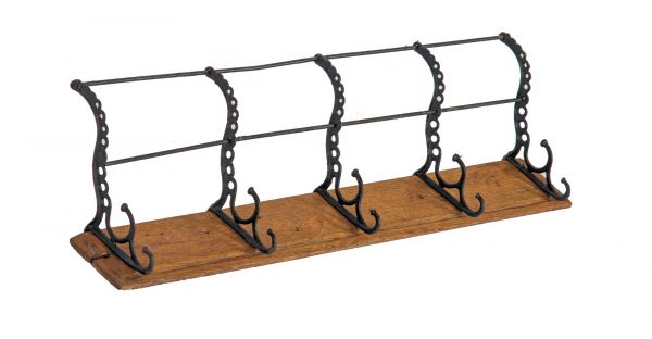 19 century salvaged chicago adams and westlake wall-mount oversized hooks with combination overhead rack