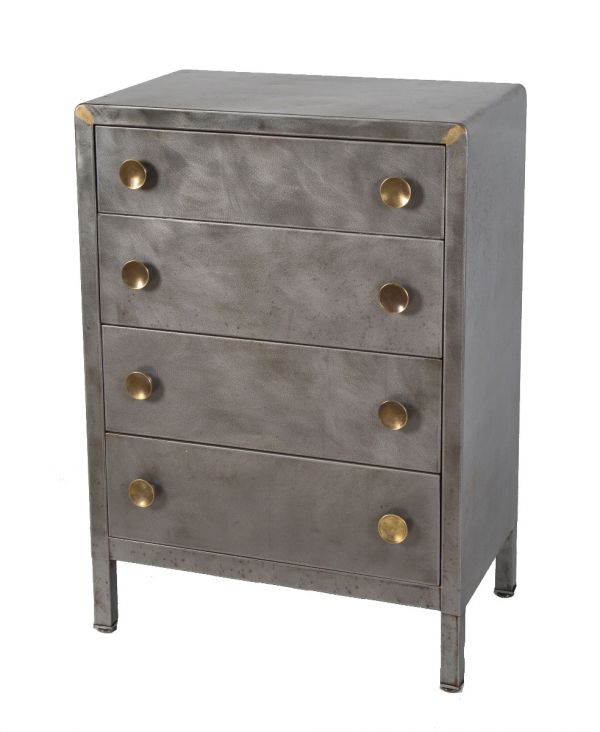 highly sought after refinished salvaged chicago brushed metal simmons dresser with original spun brass handles