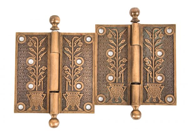 pair of original 1880's salvaged chicago hard to find "hoofed urn" cast brass passage door hinges with ball finials 