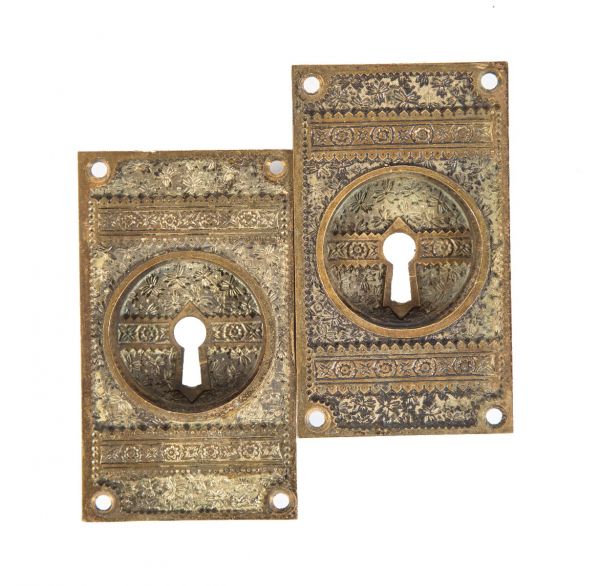 two matching 19th century original ornamental cast bronze "ivy" pattern interior pocket door plates