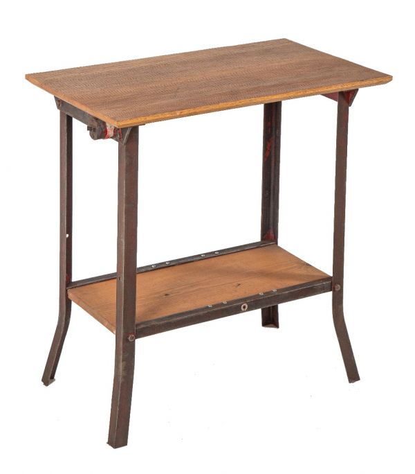 vintage american industrial two-tier refinished riveted joint angled steel and oak wood table or work stand