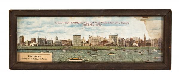 very rare early 20th century framed lithographic print depicting a panoramic view of notable chicago buildings along the historic michigan avenue district