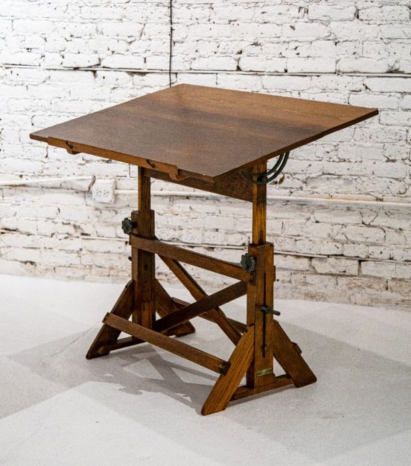 1930s fully adjustable antique american industrial f. weber company refinished oak wood drafting table with tilting drawing board