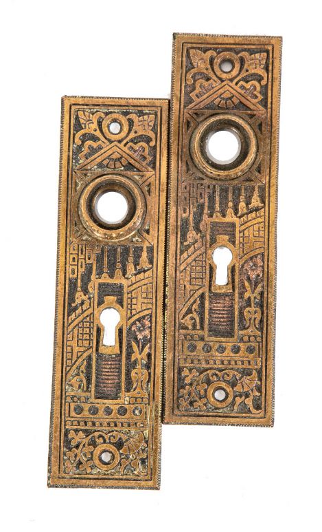 matching set of original 1880s ornamental cast brass american eastlake style "ceylon" pattern passage door backplates 