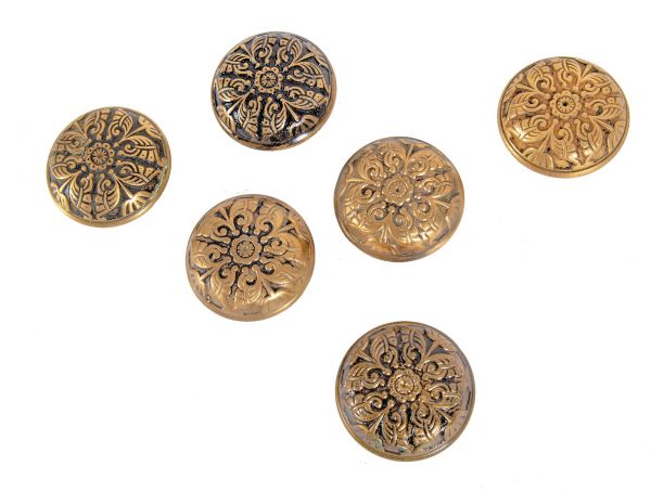 six matching 1880s american antique eastlake style salvaged chicago "oriental" pattern branded rim cast brass doorknobs