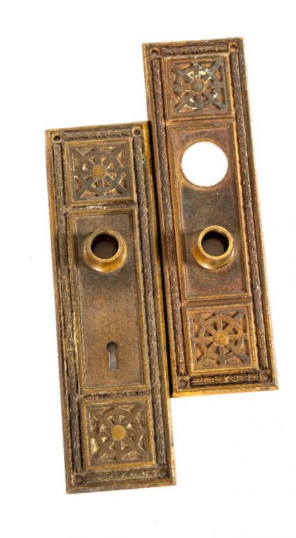 set of original 1920's nicely aged ornamental cast bronze downtown chicago commercial bank building doorknob backplates  