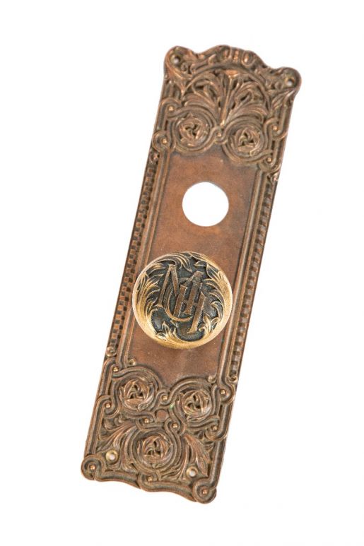 rare 19th century custom-designed richardsonian romanesque cast bronze minneapolis city hall monogrammed doorknob and backplate 