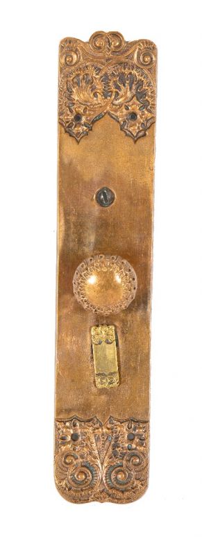 highly desirable all original ornamental cast bronze oversized "thistle" pattern doorknob and backplate with nicely aged surface patina 
