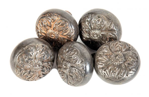 group of early 20th century ornamental cast iron "panama" or "tunis" pattern richardsonian romanesque style doorknobs 