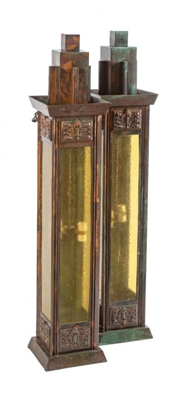 museum quality george grant elmslie-designed oversized exterior ornamental bronze art glass sconces with age appropriate patina