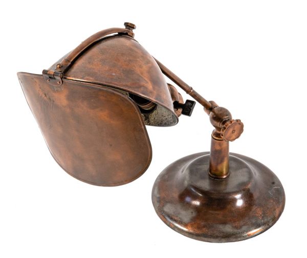 hard to find early 20th century copper-plated "lyhne" adjustable table lamp with revolving hinged reflector 