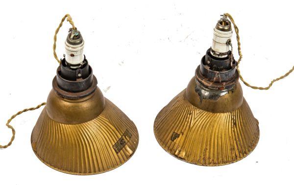 two matching early 20th century american industrial "model 530" silver glass "x-ray" pendant lights with braided cloth cord