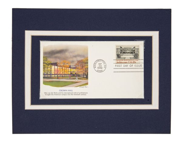 original 982 commemorative stamp and envelope featuring ludwig mies van der rohe-designed crown hall with matted frame