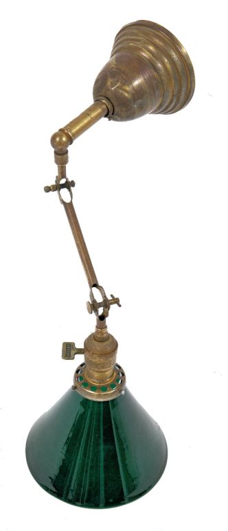 highly sought after fully adjustable early 20th century nicely aged faries brass wall sconce with emeralite shade