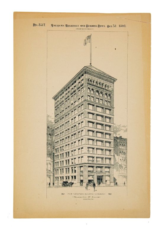 original oversized fold-out 1891 lithographic print of holabird and roche's venetian building 