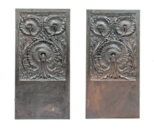 exceptional late 19th century unusually designed salvaged chicago black painted cast iron fireback panels
