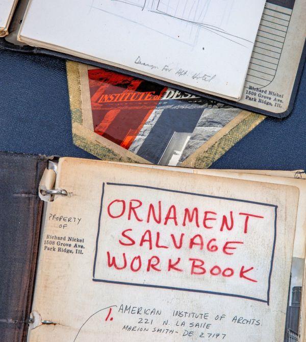 original historially important richard nickel scrapbooks on salvage, institute of design, and adler and sullivan book drafts