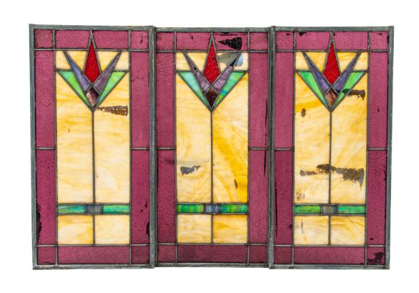 set of three matching early 20th century unusually-designed foster-munger stained glass cabinet doors