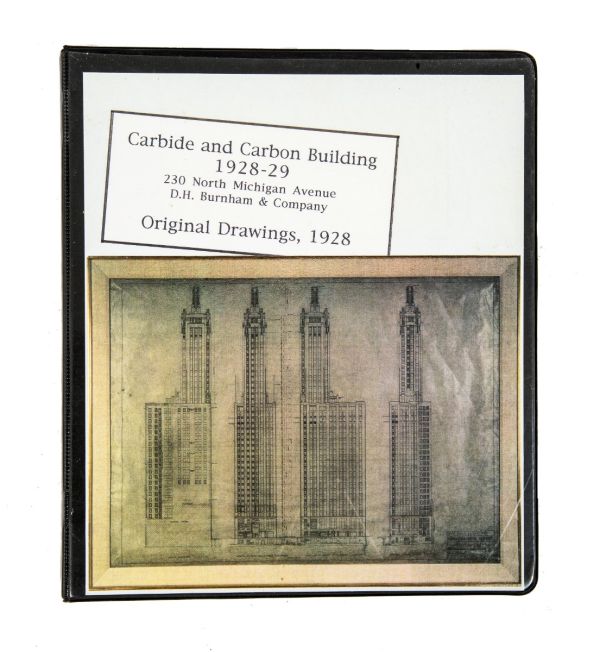 custom-made binder containing photographic prints and slides of burnham brothers blueprints for the 1929 carbide and carbon building
