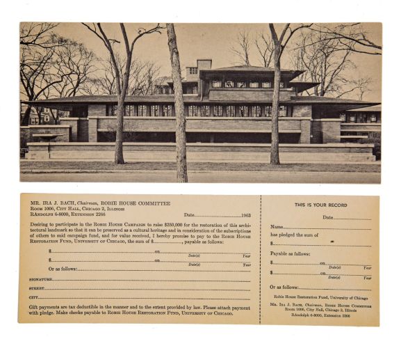 rare original 1963 frank lloyd wright robie house restoration fund, university of chicago cards