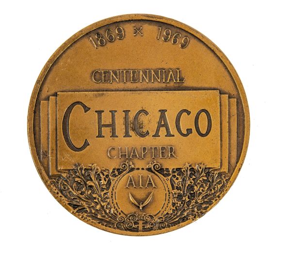 highly stylized cast bronze double-sided 1869-1969 chicago chapter american institute of architects centennial medal