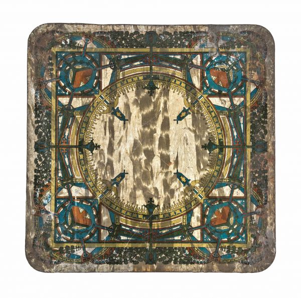 museum quality c. 1920 louis sullivan-designed polychromatic lithographed steel single-sided stove board with a structurally sound wood board core 