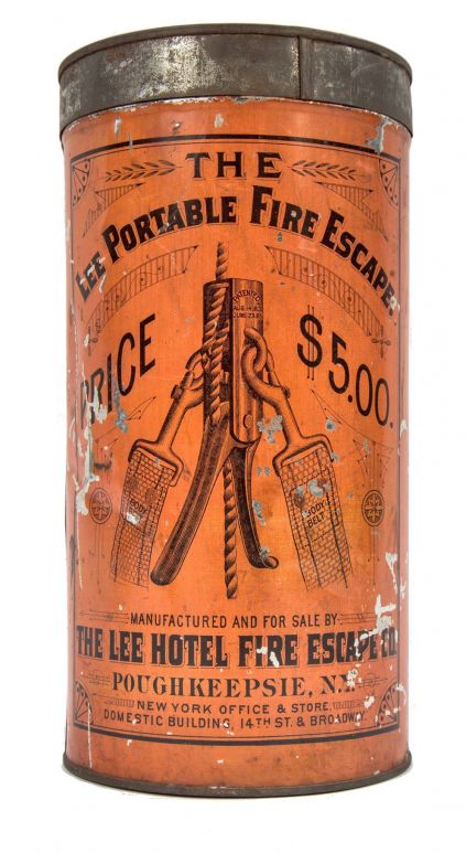 all original rare late 19th century "lee portable fire-escape" lithographed enamel tin metal hotel room canister with intact contents   