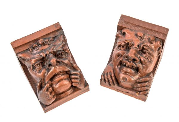 two original historically important 19th century ornamental red slip glaze terra cotta exterior grotesque corbels salvaged from chales frost's chicago and north western train depot