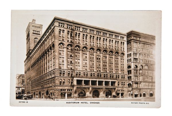 hard to find and highly sought after early 20th century real photo post card of adler & sullivan's 1889 chicago auditorium building with fire escape and tower 
