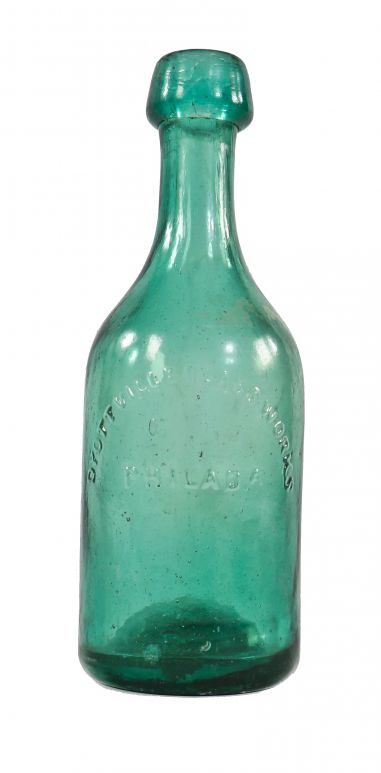 late 1840's or early 1850's antique american squat body teal glass iron-pontiled soda bottle designed and fabricated by the dyottville glassworks