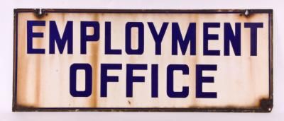original and remarkably rare cobalt blue enameled porcelain metal "employment office" salvaged antique factory sign